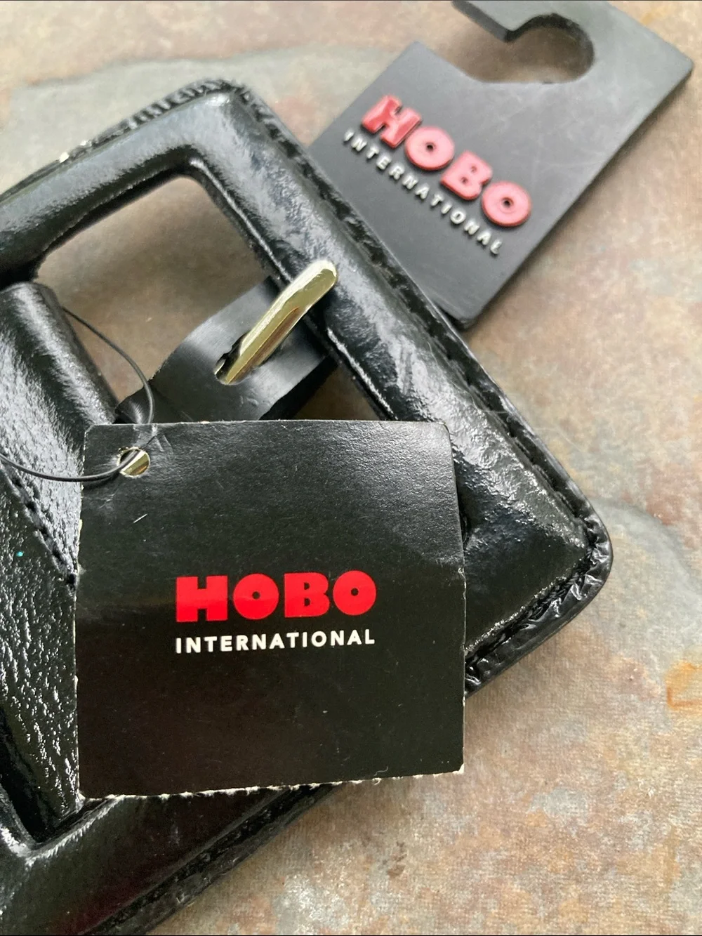 HOBO Black Patent Leather Wide Belt with Square Buckle